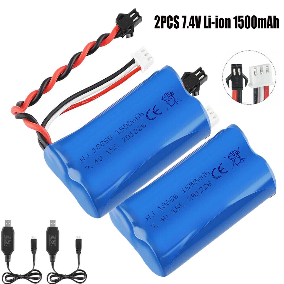 2X 7.4V 1500mAh Li-ion Battery 15C SM Plug Rechargeable Battery USB Charger RC - Image 3 of 4
