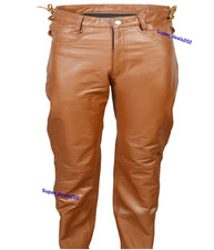 Mens Brown Lambskin Leather Pants Side Lace Waist Biker Rider 5 Pocket Wear Fit