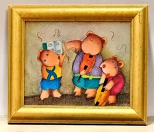 Musical Bears Signed Art Wood Frame Cartoon Musicians Artist Signed