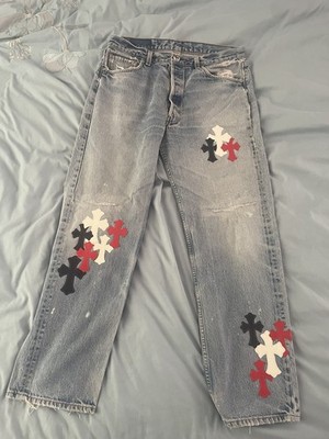 Chrome Hearts Jeans Levis 501 Denim White Red & Blue Patch