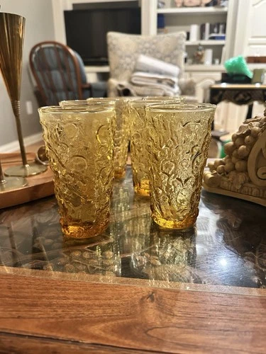 6 Vintage Anchor Hocking Lido Milano Amber Gold Tumbler Crinkle Glasses