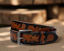 Western Belt Cowboy Rodeo Full Grain Leather Hand Tooled Removable Buckle