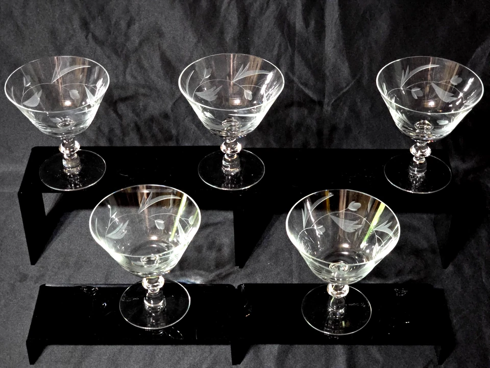 Vintage PRICE PCZ1 Crystal Wafer Stem Champagne Sherbet ETCHED LEAF - Set Of 5 - Image 2 of 4