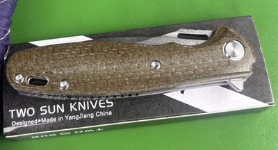 TwoSun TS162 D2 Folding Pocketknife, Green Micarta Handle, Liner Lock Drop Point
