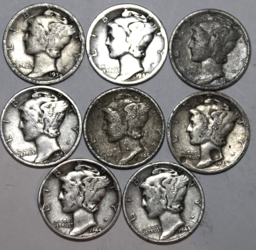 (8) Mercury Dimes - AG/Damaged - 1934-1944 Range - 90% Silver - #1587ED
