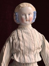 Rare Antique German 17.5  Molded Snood Blue Bows China Shoulder Head Doll