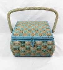 Vintage Sewing Basket Box Woven Wicker With Organizer Tray