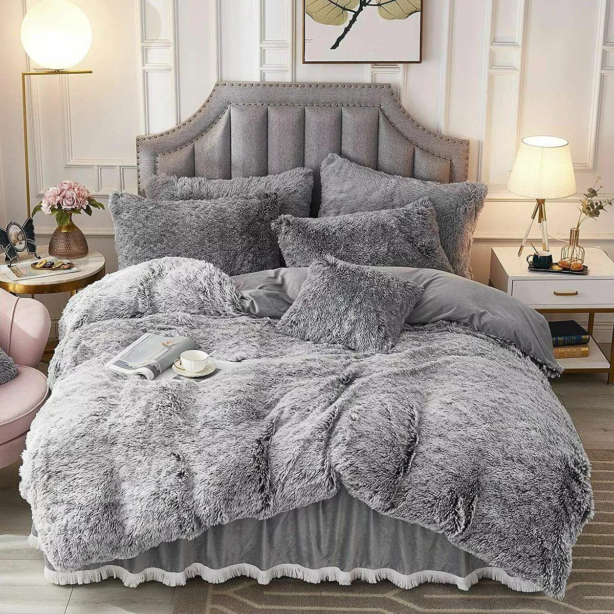 NEW! ~ ULTRA SOFT COZY & FLUFFY PLUSH BEDDING GREY FAUX SHAGGY FUR  COMFORTER SET