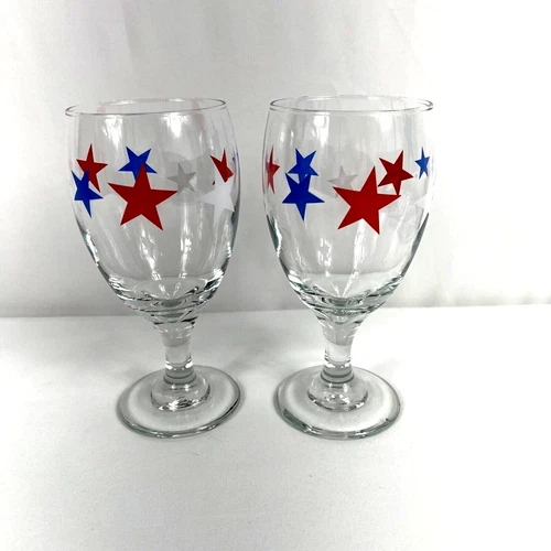Hartstone American Star Pedestal Wine Glasses Water Lot of 2 Red White Blue