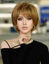 Perruque 100% Synthétique Femme Brun Clair A Frange Pixie Lisse Courte +4 Bonnet