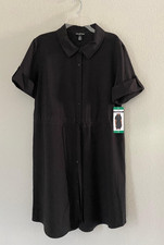 NEW Halston Women's Stretch Short Sleeve Dress with Drawcord Waist, Black, XL