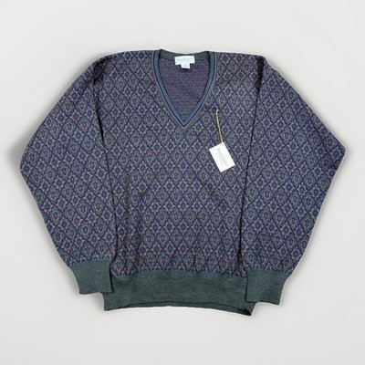 Vintage Tricots St Raphael Sweater Wool Mens L V-Neck Geometric Jacquard NWT