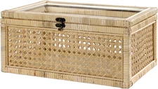 14.5" Rattan Decorative Basket Box with Glass Lids, Boho Rectangular Display Box