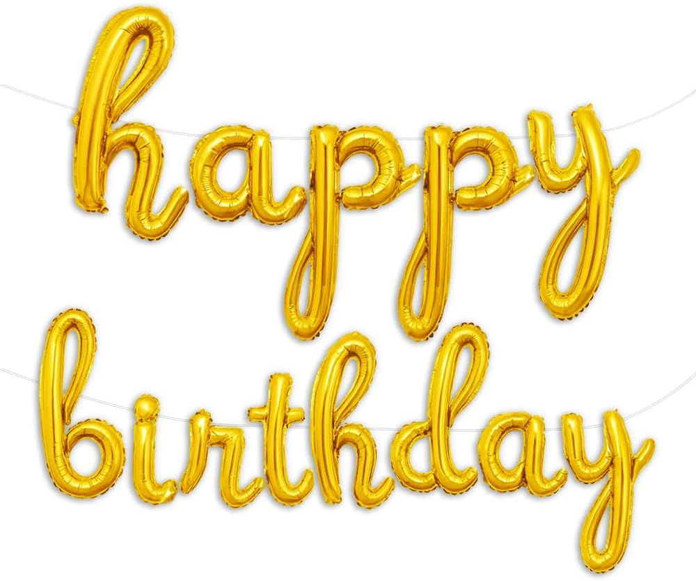 Gold Happy Birthday Balloons Banner | Script/Cursive Gold Letter Balloon Sign fo