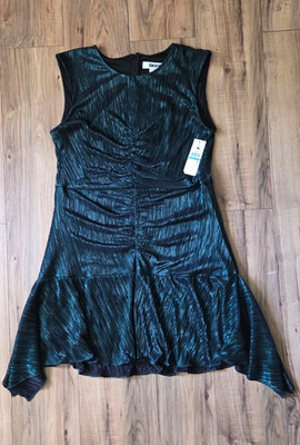 DKNY Black/Green Fit & Flare Dress Pleated Ruched Sleeveless Zip, 16