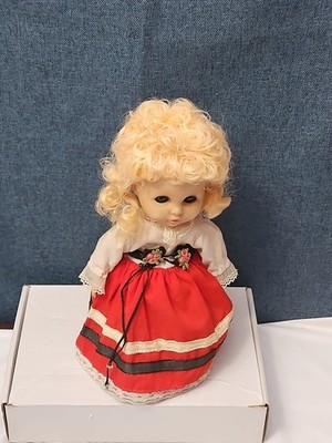 Vintage Heritage Doll Piggy Bank European Folk Costume Blonde Curls Aged Charm