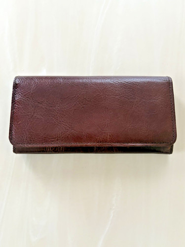 Vtg Genuine Leather Brown Checkbook Leather Wallet Coin Purse organizer 7.5"x 5