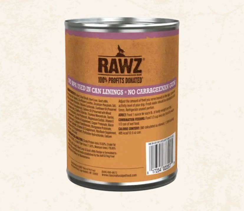 Rawz 96% Beef, Beef Liver & GOAT&rsquo;s Milk Canned Dog Food 12/12.5oz Cans