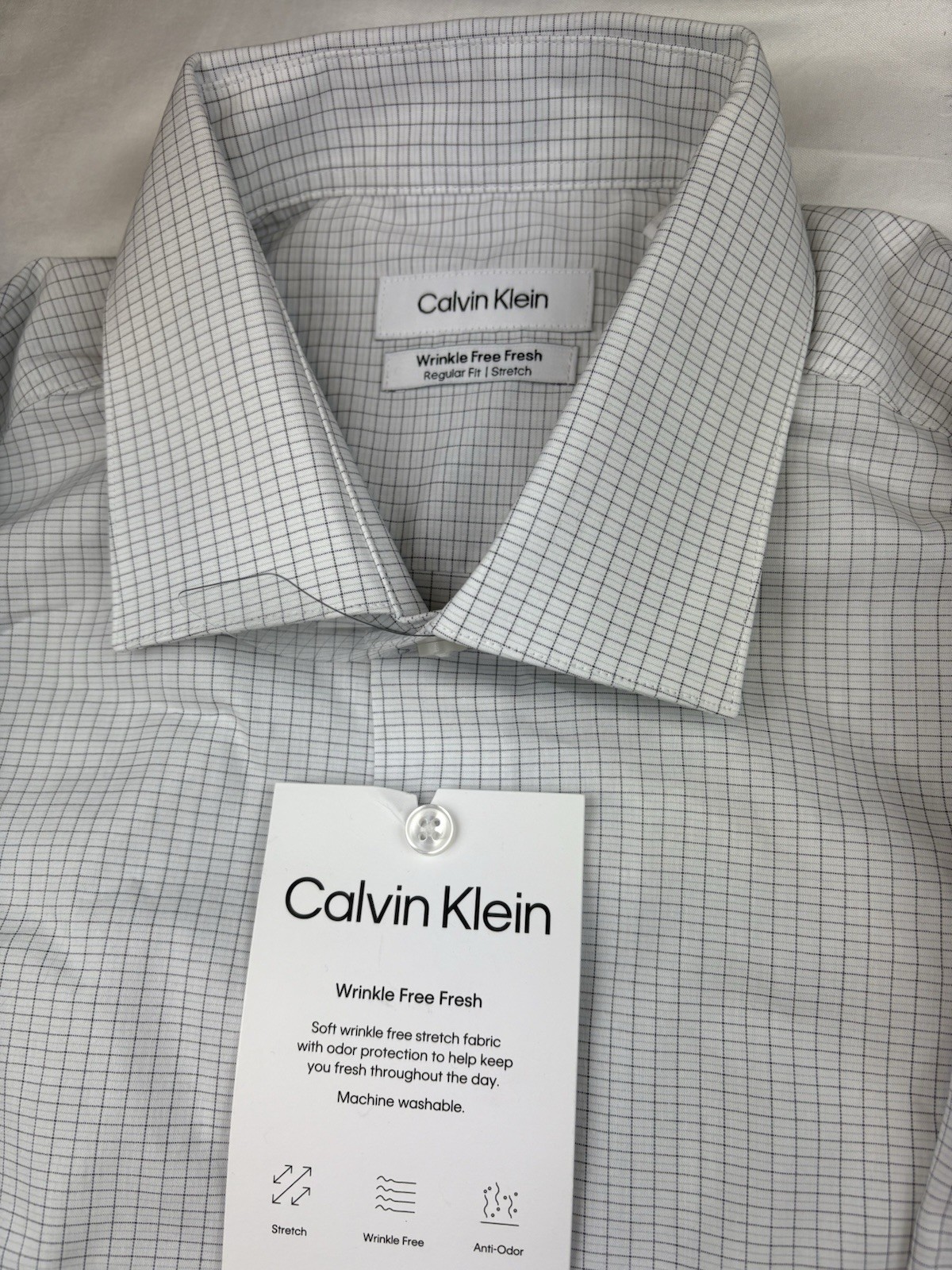 Calvin Klein Men's L White Gray Check Regular Fit Stretch Dress Shirt 16-16.5 thumbnail 2