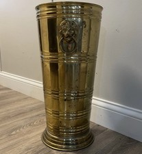 Antique Tapered Brass Umbrella Stand With Lion Head Handles Peerage England