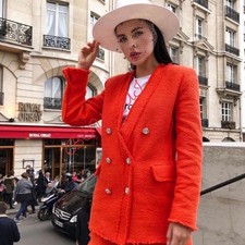 Zara Bright Orange Tweed Double Breasted Blazer with Jewel Rhinestone Buttons