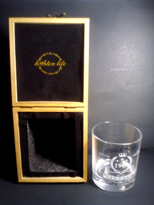 1963 Vintage Lighten Life Aged To Perfection Whiskey Drink Glass w/ Wood Case