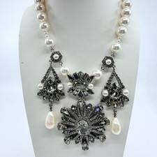 Vintage Statement Faux Pearl Rhinestone Chandelier Bib Necklace Gunmetal Classic