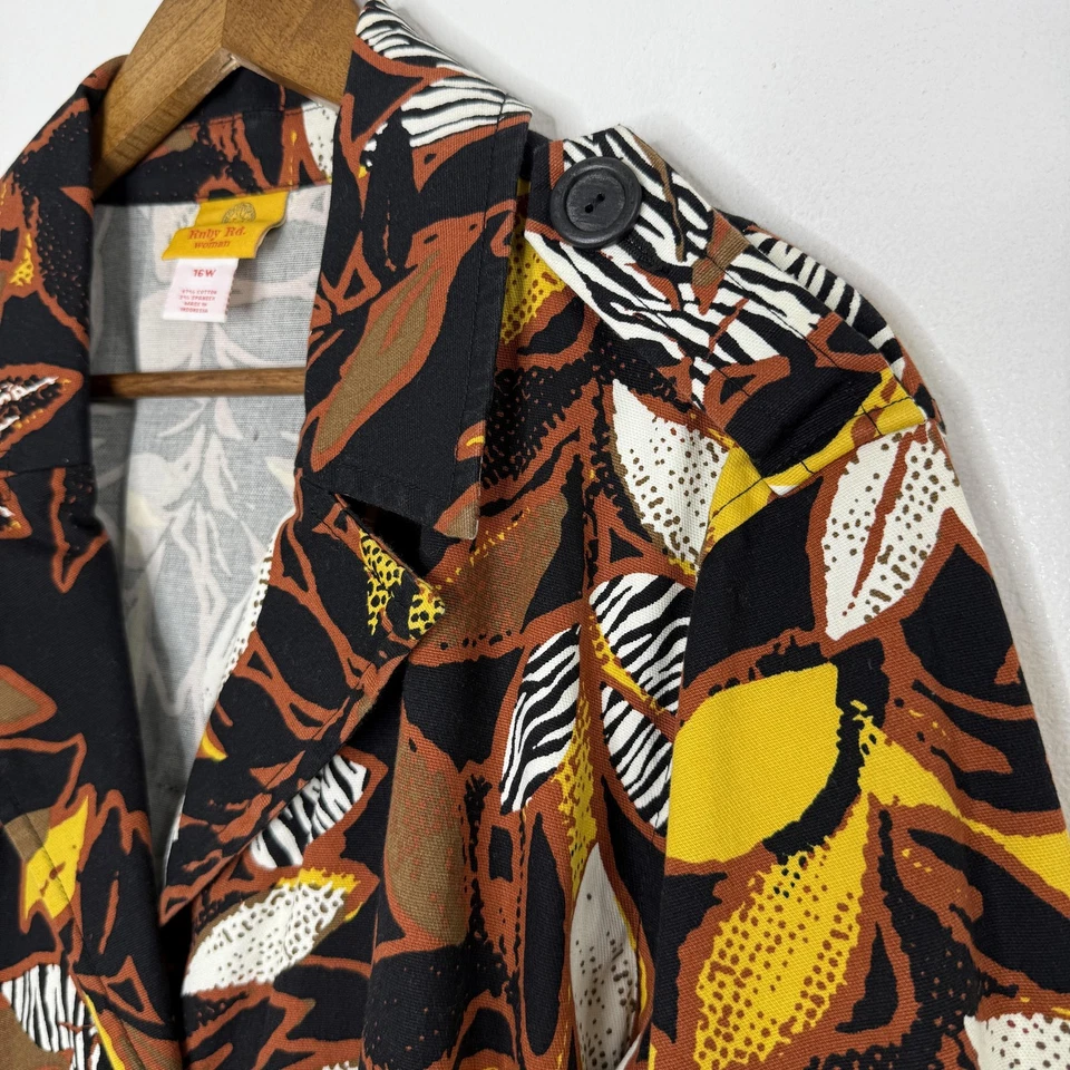 Ruby Rd Jacket Womens 16W Black Brown Yellow Leaf Autumn Button Front Coat Art - Image 2 of 4