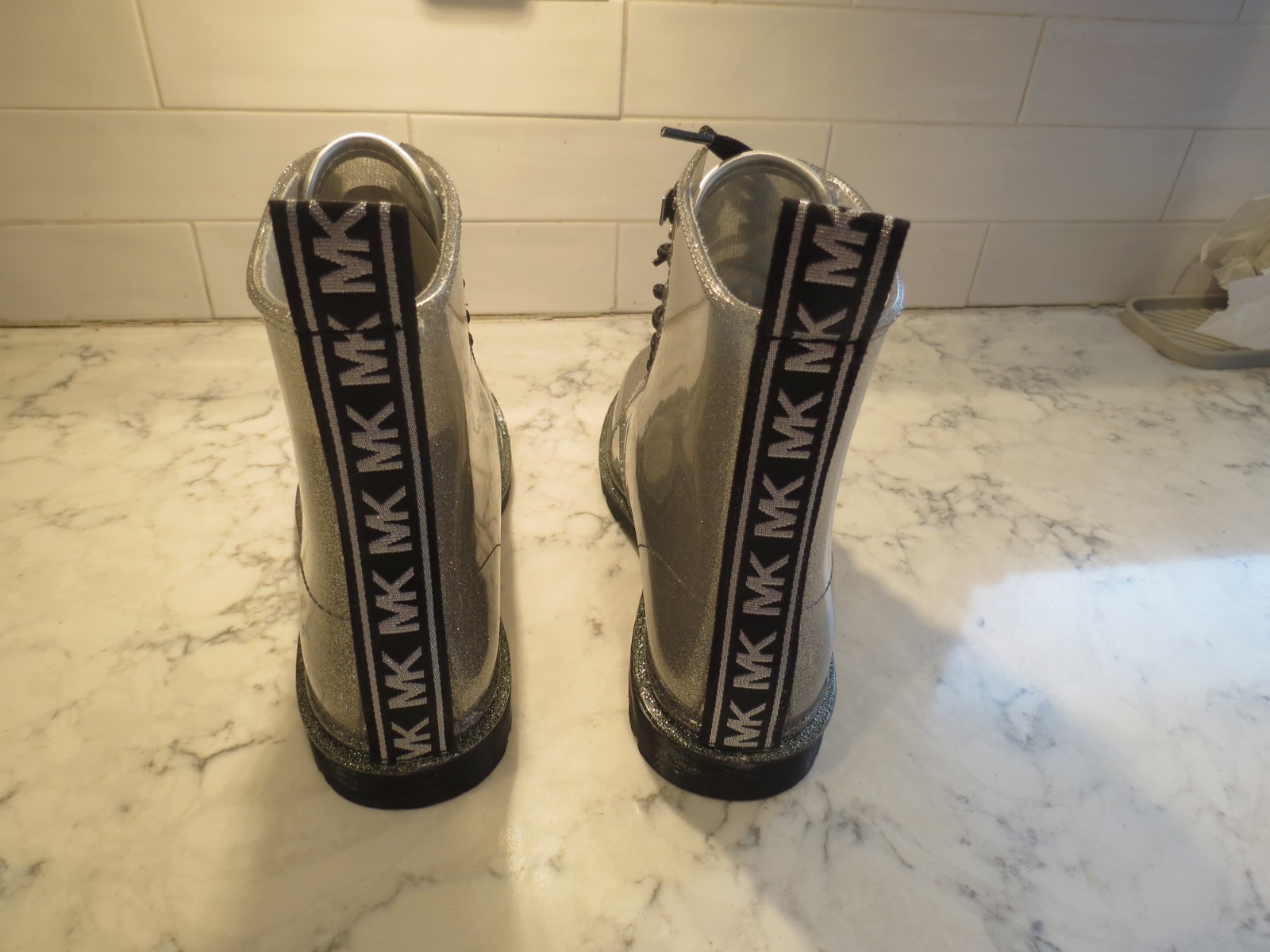 New Michael Kors silver metallic rain boots platform lace up block heel women 10 thumbnail 5