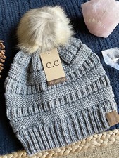 New CC Adult Size Winter Gray Cable Knit Hat Cap Beanie w/ Faux Fur Pom Pom