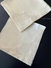 ANTIQUE LACE - CIRCA 1880-1900,FINE LINEN NAPKINS W/BRUSSELS POINT DE GAZE LACE