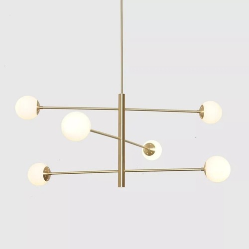 Chandelier 6 Globe Light Stilnovo Style Brass Fixture Milky Glob Ceiling Light - Picture 2 of 5