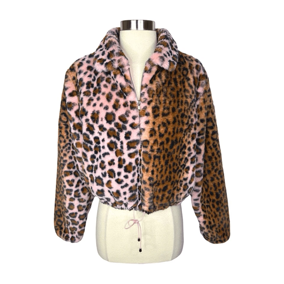 Kendall & Kylie Faux Fur Pink Leopard Print Half Zip Jacket Size Small Pullover - Image 2 of 4