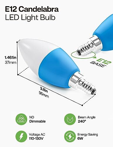 Blue E12 LED Bulb 40 Watt Equivalent 6W, Colored Chandelier Light Bulbs Indoo...
