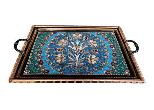 Clove Design Hand Painted Copper Tray, Hand Carved Kitchen Tray with Handles