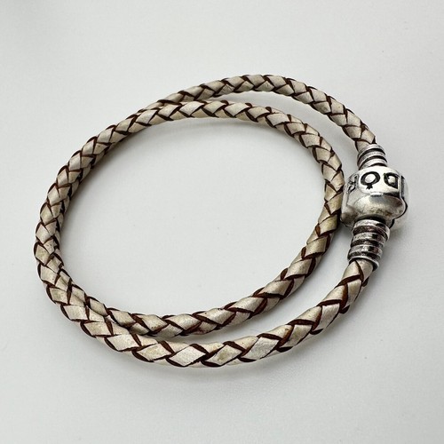 Pandora 925 Sterling Silver White Brown Braided Leather Wrap Charm 13” Bracelet - Picture 4 of 7