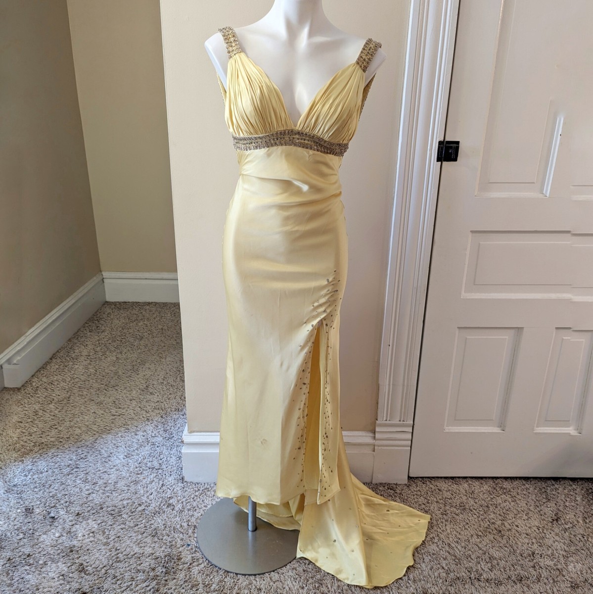 Y2K Mori Lee yellow low back evening dress with silver beading size 0 | eBay