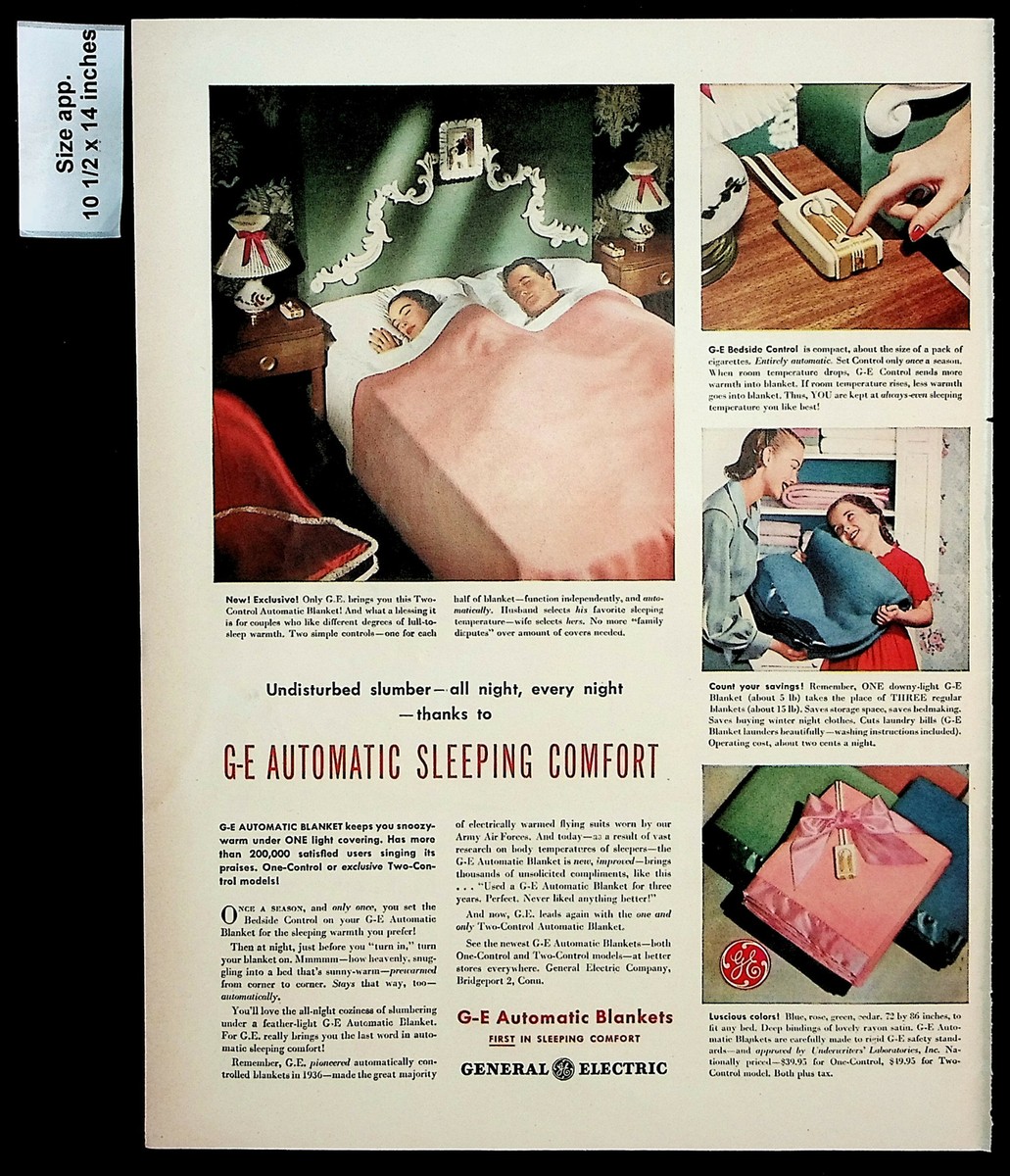General Electric Automatic Electric Blanket 1947 GE General