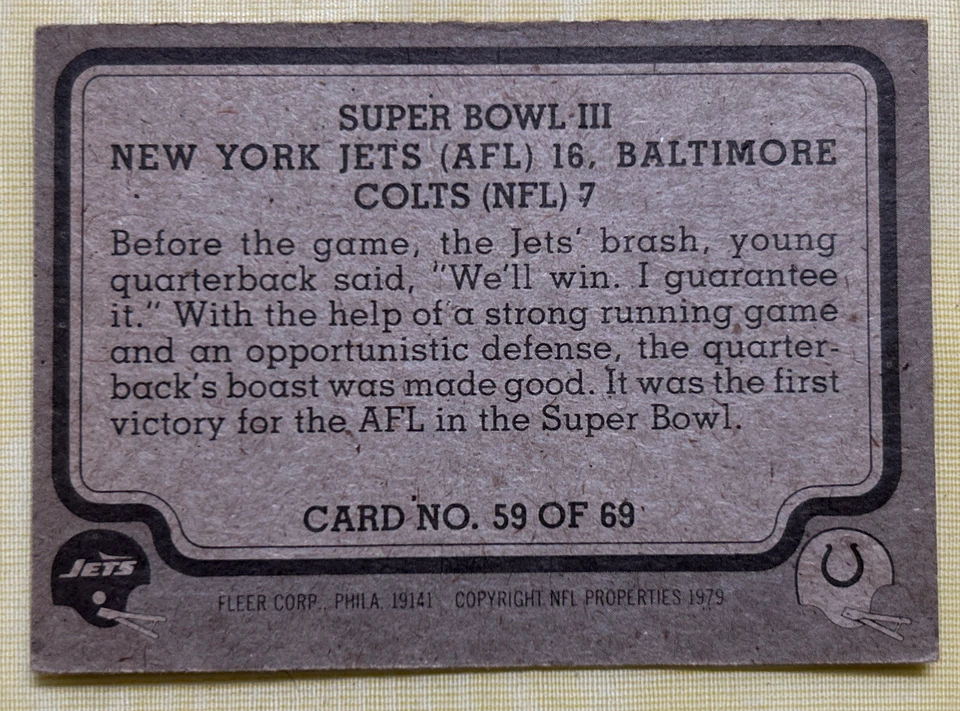 1979 Fleer Team Action Super Bowl III NY Jets Baltimore Colts Matt Snell 59 Poor - Image 2 of 2