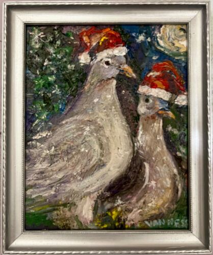 Two Turtle Doves, Original Oil Painting, Silver Framed