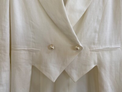 CLAUDE BARTHELEMY Paris White Linen Tuxedo Jacket Suit, Skirt F38