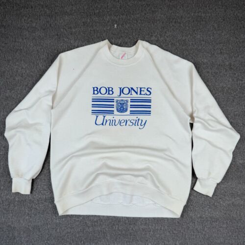 VINTAGE Bob Jones University Sweatshirt Men's XL White College Sports Crewneck