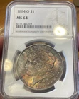 1884-O Morgan Silver Dollar $1 NGC MS64 Rainbow Toned Coin End Roll Toning
