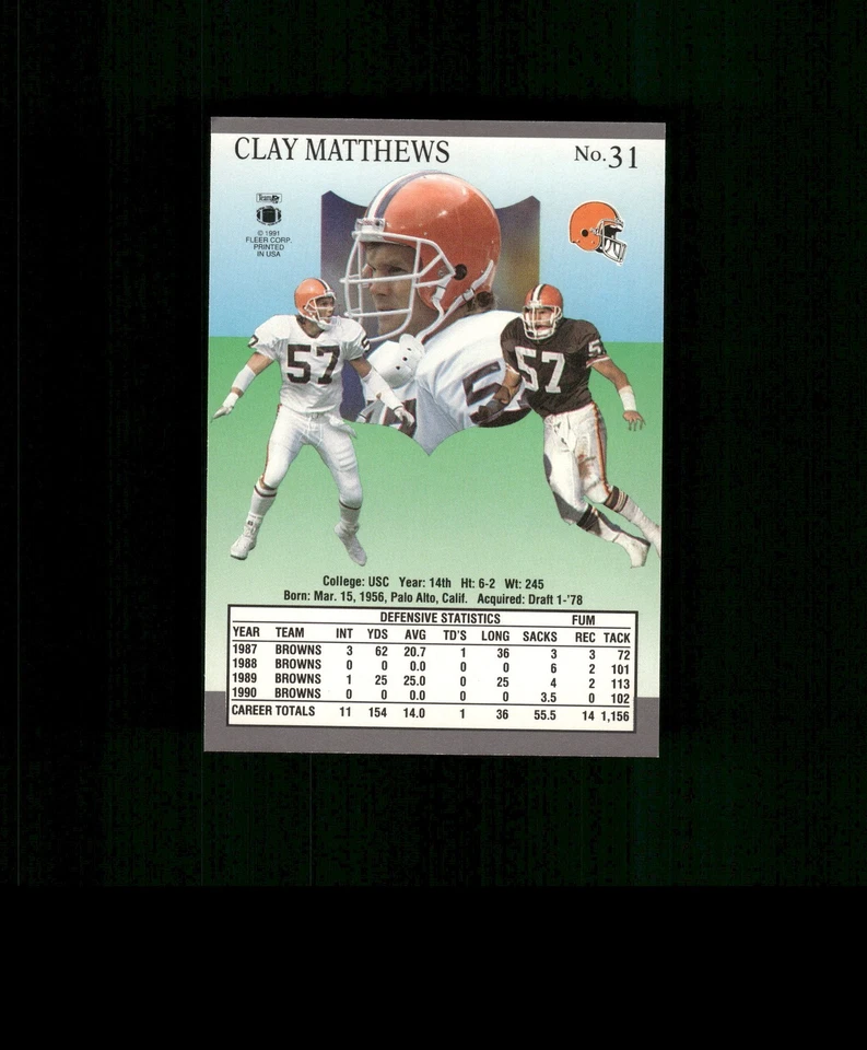 1991 Fleer Ultra #31 Clay Matthews   Football Card  Cleveland Browns - Image 2 of 2