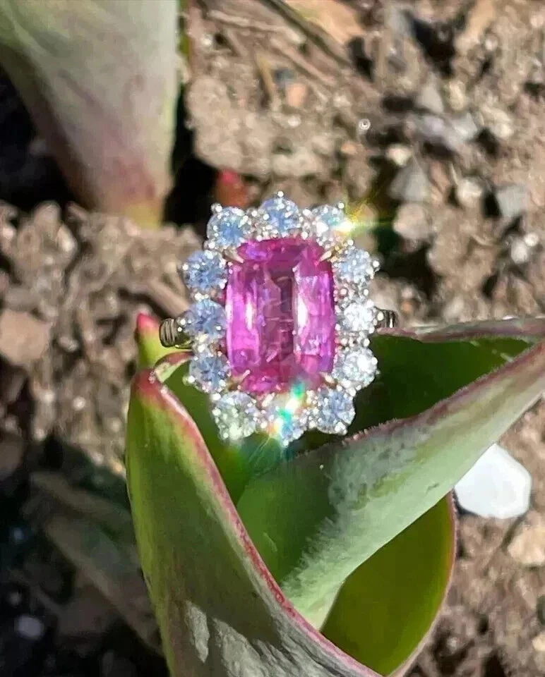 5.Ct подушка огранки розовый сапфир бриллиант Halo заявление кольцо 14K белое золото твердое - Изображение 4 из 4