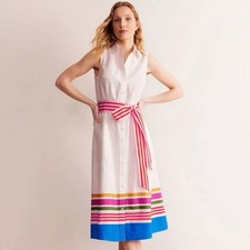 Boden White Kate Sleeveless 100% Cotton Midi Dress Size 12R Summer Fit & Flare