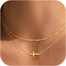 Easter Basket Stuffers Cross Necklace for Women - Dainty 14K Real Silver Gold Pl