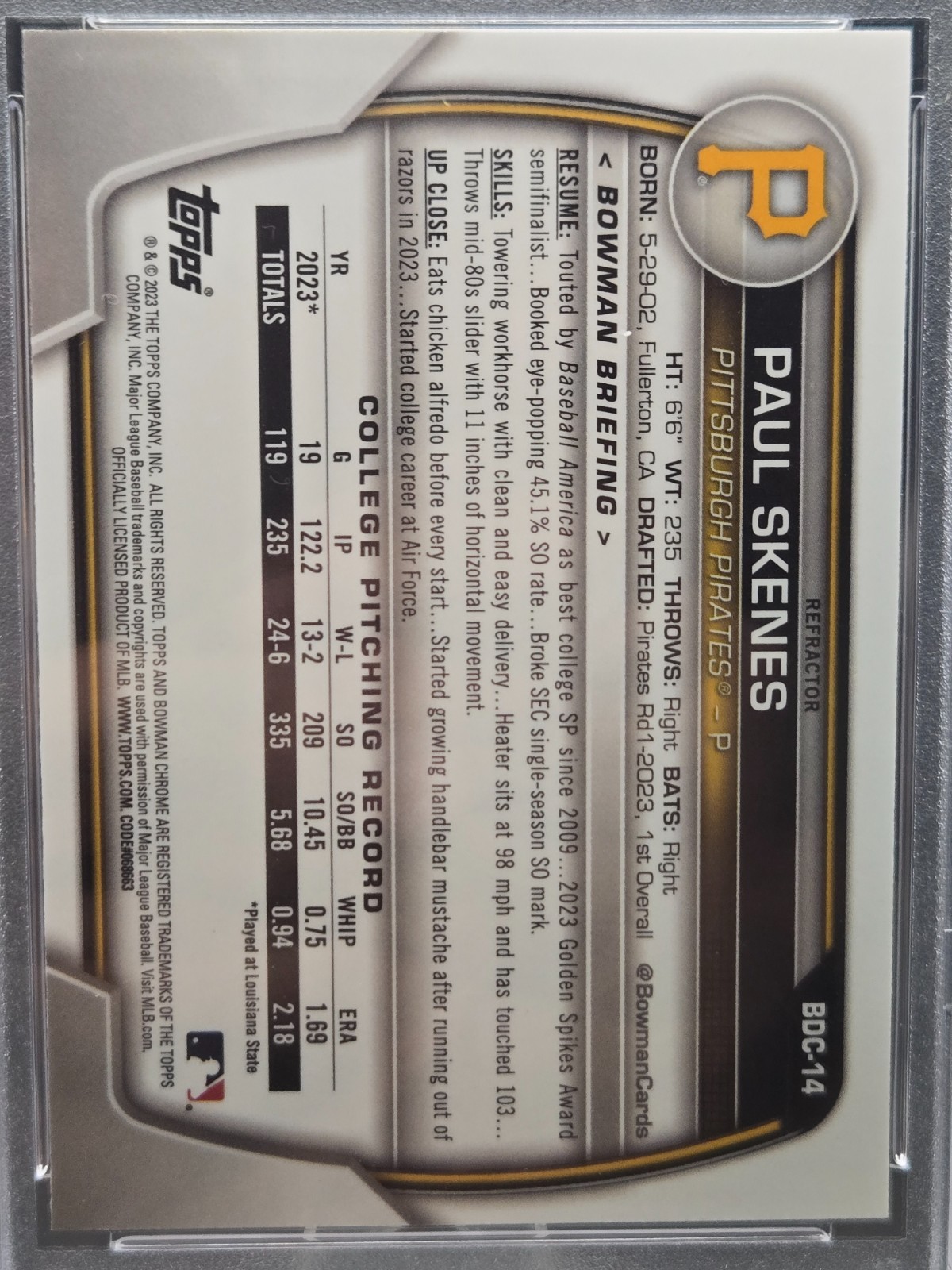2023 BOWMAN DRAFT CHROME-REFRACTOR #BDC14 PAUL SKENES PSA 9 view 4