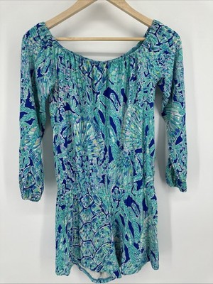 Lilly Pulitzer Lana Romper Women's XS Stretch Long Sleeve Blue Tortuga Time fun