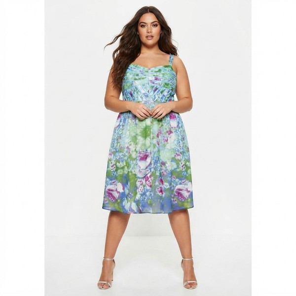 City Chic Mini Dress Plus Size L (AUS 20) Blue Green Watercolour Floral Sundress